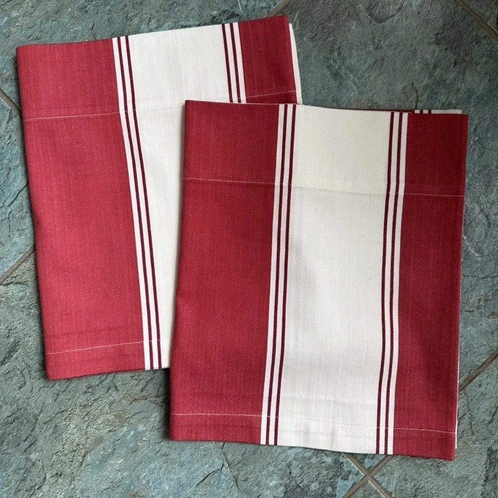 POTTERY BARN CADIZ STRIPE CAFE CURTAIN 13”x44” (2 Panels) RED POLE POCKET Set